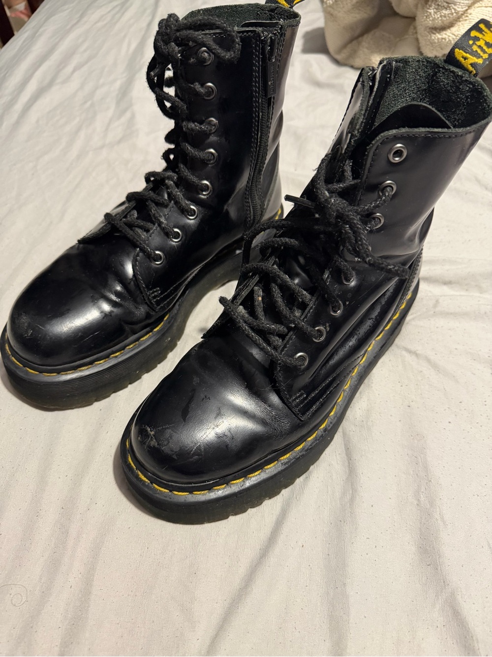 Dr. Martens Black Lace-Up Platform Boots with Yellow Stitching
